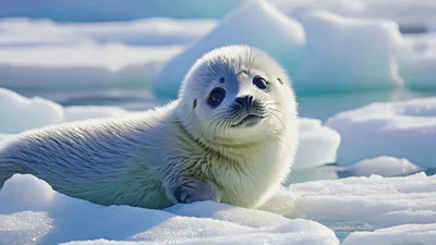 Cute Harp Seal Pup Resting On Arctic Ice