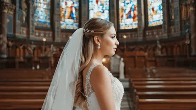 Beautiful Bride Standing Inside A Historic Church