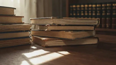 Sunlight Shifting Across Stacks Of Old Books