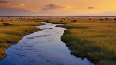Aerial View Of A Winding River In African Savanna