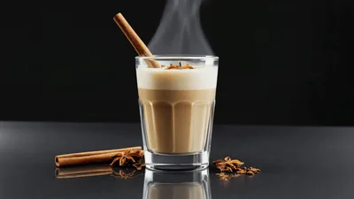 Steaming Glass Of Spiced Latte With Cinnamon Stick