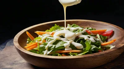Creamy Dressing Being Poured Over Fresh Garden Salad