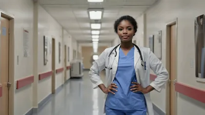 Young Female Doctor Standing In Hospital Corridor