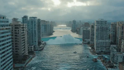 Surreal Tsunami Wave Flooding A Dense Coastal City