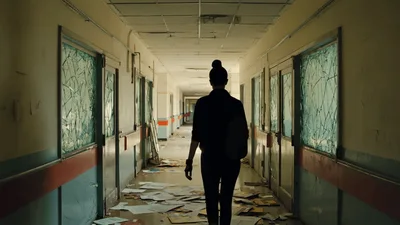 Woman Walking Down Abandoned Hospital Hallway