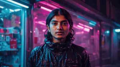 Young Person Standing In Neon Lit City Street