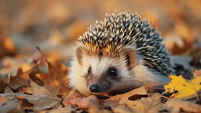 Small Hedgehog Walking Through Autumn Leaves