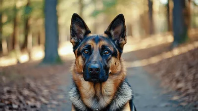German Shepherd Dog Sitting Still In Forest Path