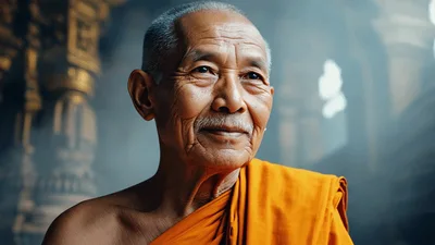 Elderly Buddhist Monk Smiling In A Traditional Temple