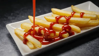 Ketchup Being Poured Over Crispy French Fries
