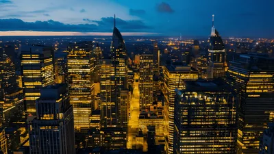 Aerial View Of New York City Skyscrapers At Twilight