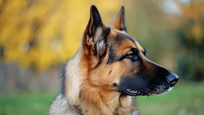 German Shepherd Dog Looking Around In Autumn Park