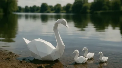 Low Poly Paper Swans Floating On A Calm River