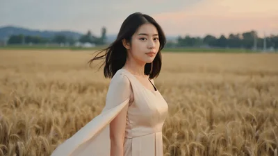 Young Asian Woman Standing In A Golden Wheat Field