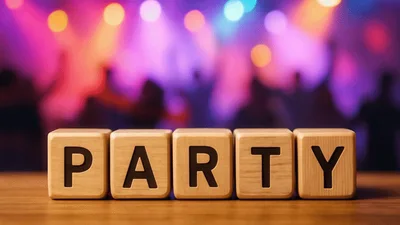 Wooden Blocks Spelling Party With Blurred Nightclub Background