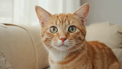 Orange Tabby Cat Sitting On A Sofa