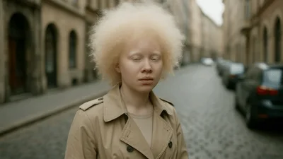 Portrait Of A Young Albino Woman Standing On Street