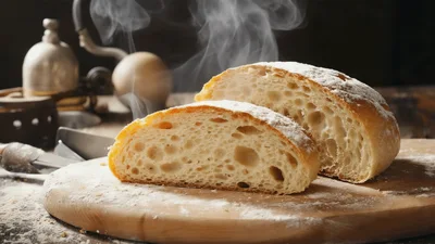 Freshly Baked Sourdough Bread Steaming On Wooden Board
