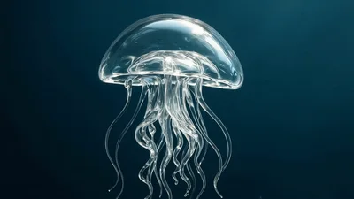 Transparent Glass Jellyfish Swimming In Deep Blue Water