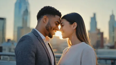 Young Couple Sharing Romantic Moment On City Rooftop