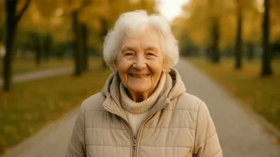 Smiling Elderly Woman Standing In Autumn Park