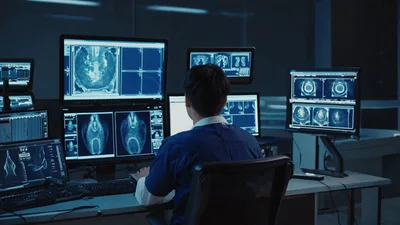 Radiologist Analyzing Medical Brain Scans On Multiple Computer Monitors