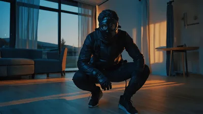 Person In Tactical Gear Crouching In Modern Living Room