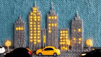 Toy Cars Driving Past Knitted Cityscape Background