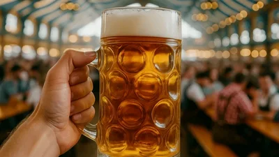 Hand Holding Large Beer Mug At Oktoberfest Tent