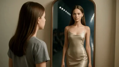 Young Woman Looking At Her Reflection In Mirror