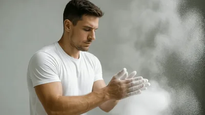 Muscular Athlete Clapping Hands With Chalk Dust