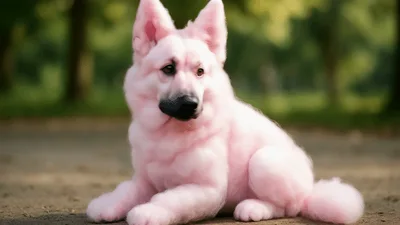 Pink Fluffy Dog Sitting In A Park