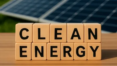 Clean Energy Text Blocks In Front Of Solar Panels