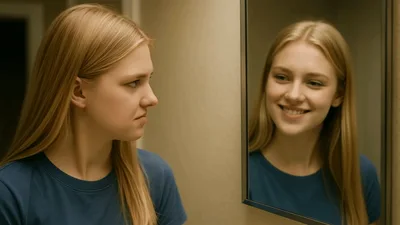 Young Woman Transitioning From Sadness To Happiness In Mirror