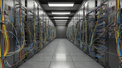 Server Room Corridor With Blinking Lights In Data Center