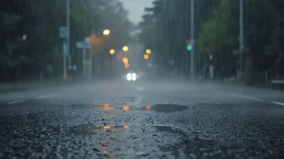 Heavy Rain Falling On An Empty City Road