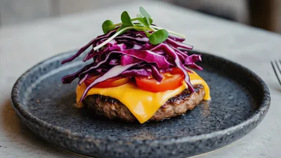 Gourmet Cheeseburger Patty Topped With Red Cabbage Slaw