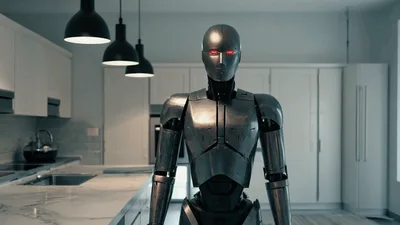 Futuristic Humanoid Robot Standing In Modern Kitchen