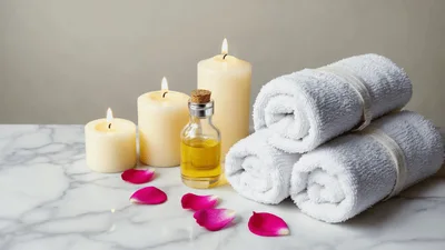 Spa Setting With Candles Oil And Rolled Towels