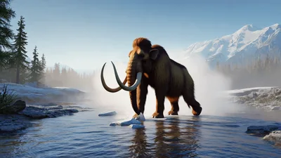 Woolly Mammoth Walking Through A Snowy River Landscape