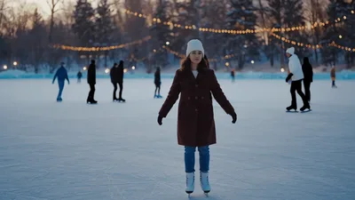 Young Woman Ice Skating Outdoors In Winter Park