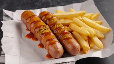 Two Currywurst Sausages With French Fries On Paper