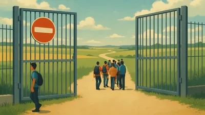 Group Of People Walking Through Open Gate Into Field