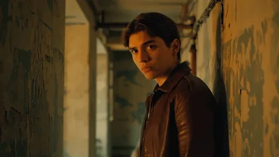 Young Man Looking Back In Abandoned Building