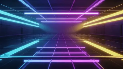Neon Grid Corridor With Glowing Purple And Yellow Lights
