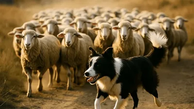 Border Collie Herding A Flock Of Sheep