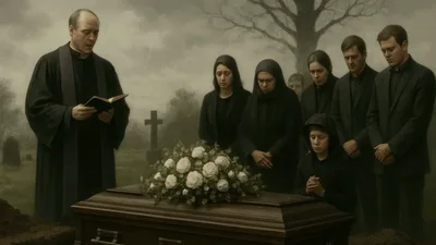 Mourners Gather Around A Casket At A Funeral