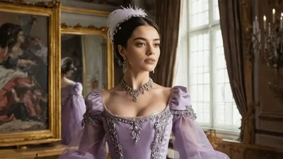Elegant Young Woman In Victorian Gown Looking Around