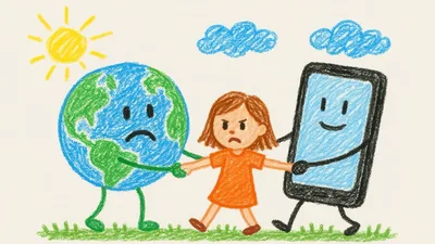 Crayon Drawing Of Girl Pulled By Earth And Smartphone