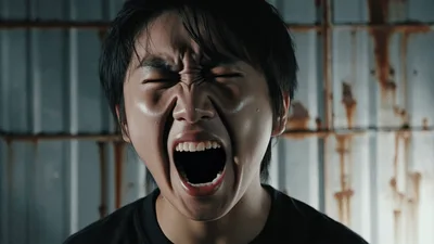 Young Asian Person Screaming With Intense Emotional Expression